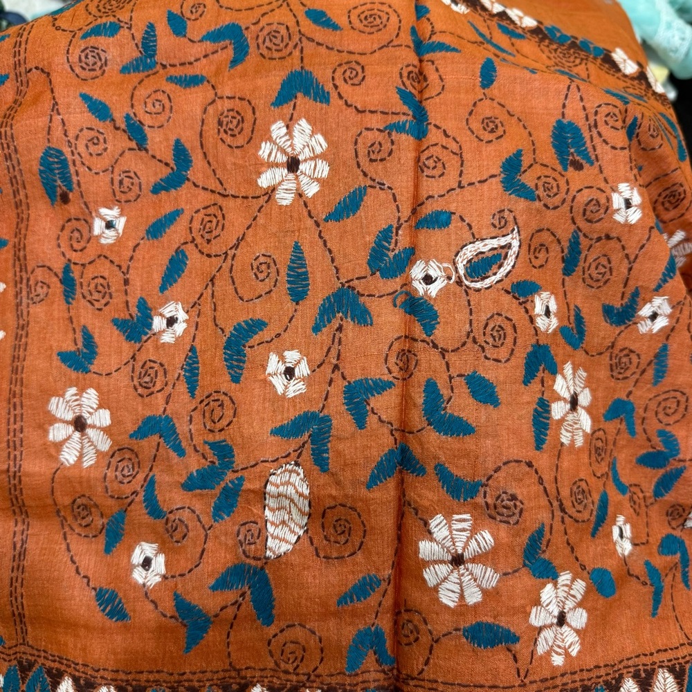 Rust Orange Elegant Embroidered Stole Dupatta Handloom Silk Scarf Festive Wrap - Picture 5 of 7